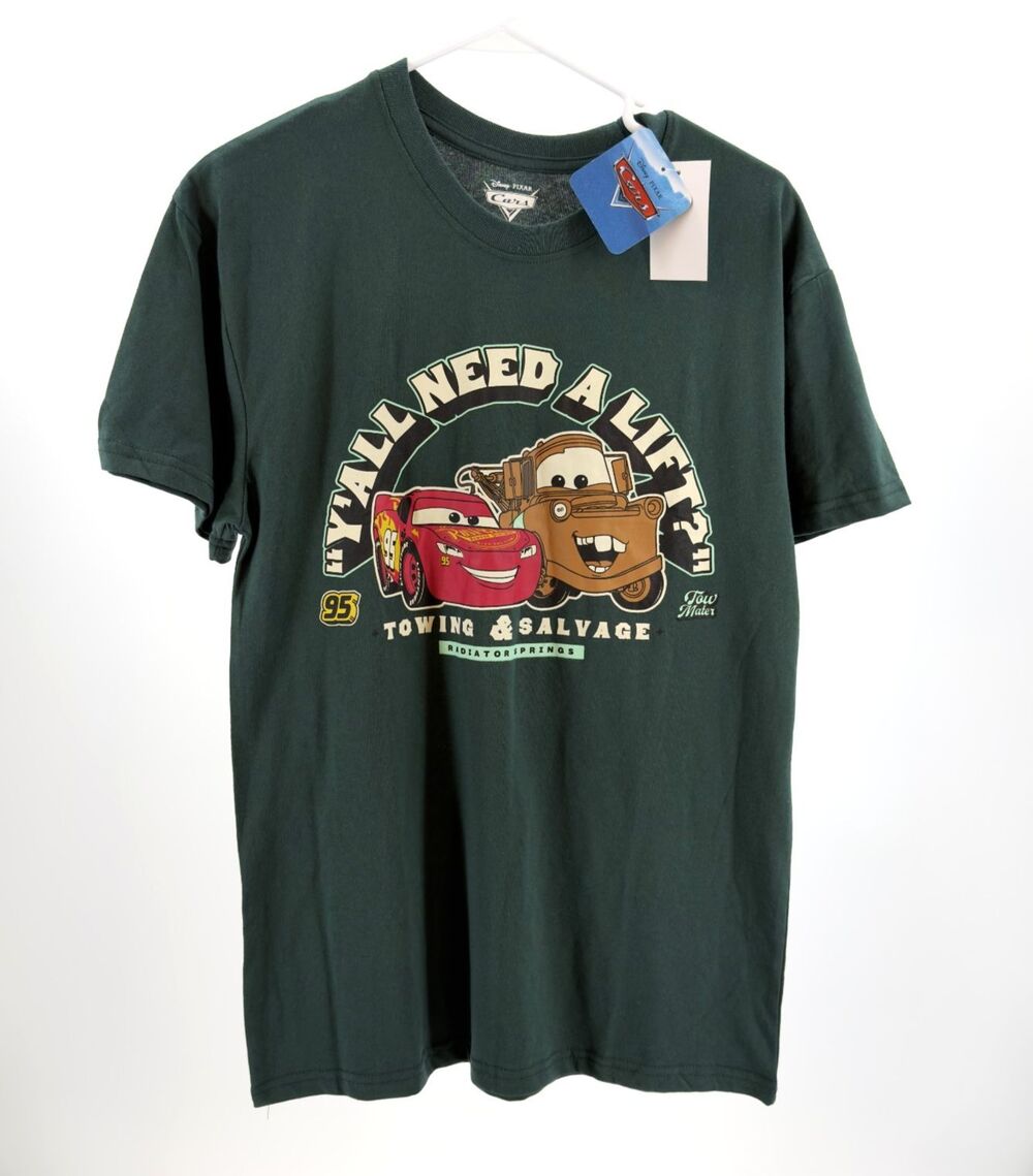 NWT Disney Pixar Cars Men's M Lightning McQueen Tow Mater Graphic Tee Green
